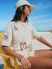 Ecru Summer Badge Graphic Boxy Crew Neck T-Shirt - Image 3 of 8