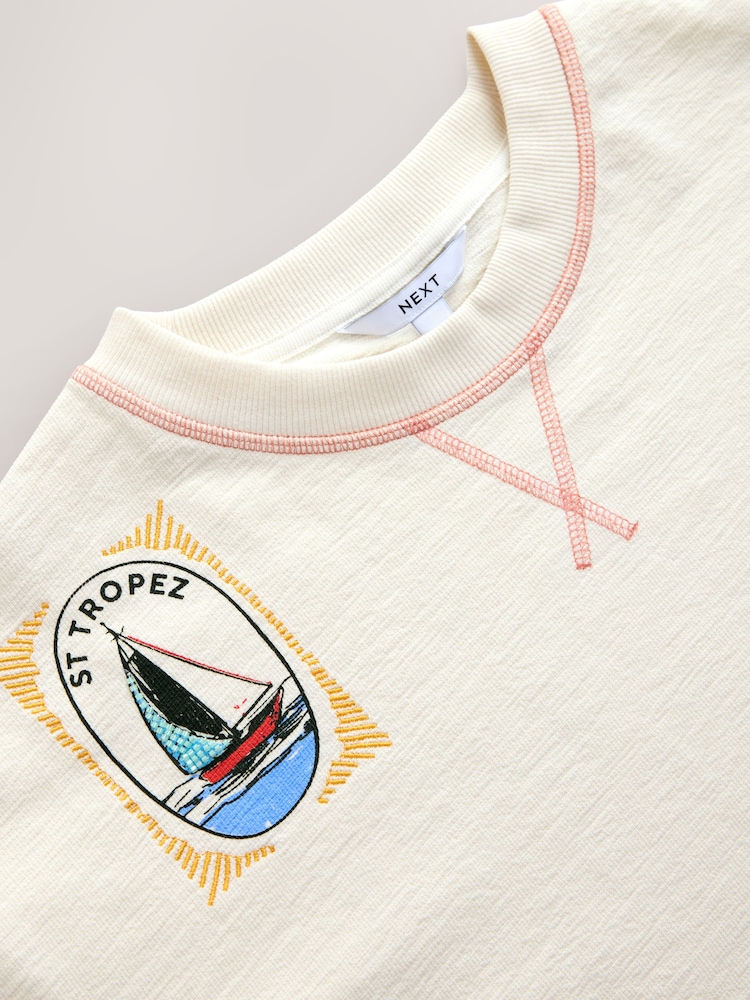 Ecru Summer Badge Graphic Boxy Crew Neck T-Shirt - Image 8 of 8