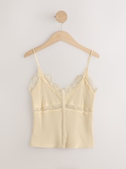 أصفر زبدة - سترة داخلية مضلعة بياقة على شكل V مع حافة دانتيل - صورة 6 من 8