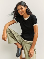 Black/Neutral Short Sleeve Ribbed V-Neck Layered T-Shirt - Image 1 of 7