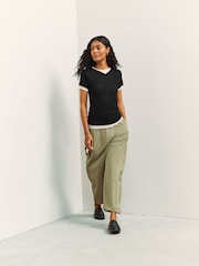 Black/Neutral Short Sleeve Ribbed V-Neck Layered T-Shirt - Image 2 of 7