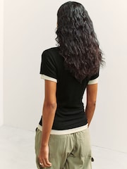 Black/Neutral Short Sleeve Ribbed V-Neck Layered T-Shirt - Image 3 of 7