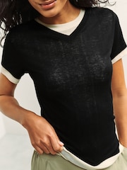 Black/Neutral Short Sleeve Ribbed V-Neck Layered T-Shirt - Image 4 of 7