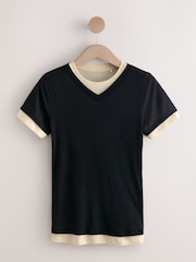 Black/Neutral Short Sleeve Ribbed V-Neck Layered T-Shirt - Image 5 of 7