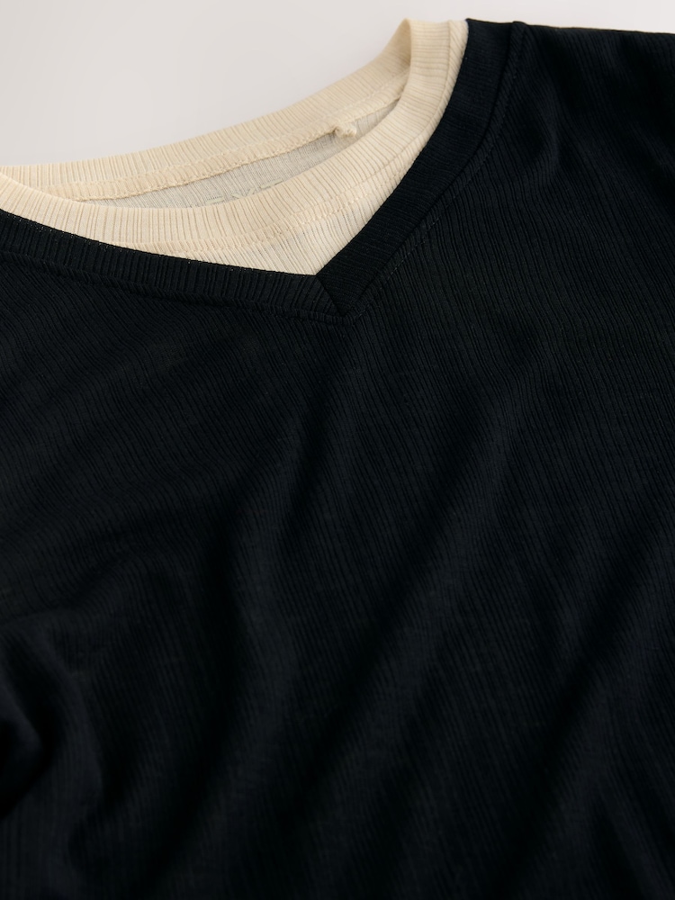 Black/Neutral Short Sleeve Ribbed V-Neck Layered T-Shirt - Image 7 of 7