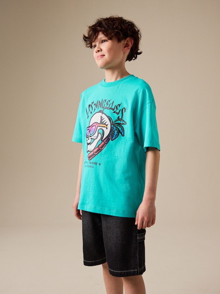 Aqua Blue Skull Short Sleeve Graphic T-Shirt (3-16yrs) - Image 1 of 7