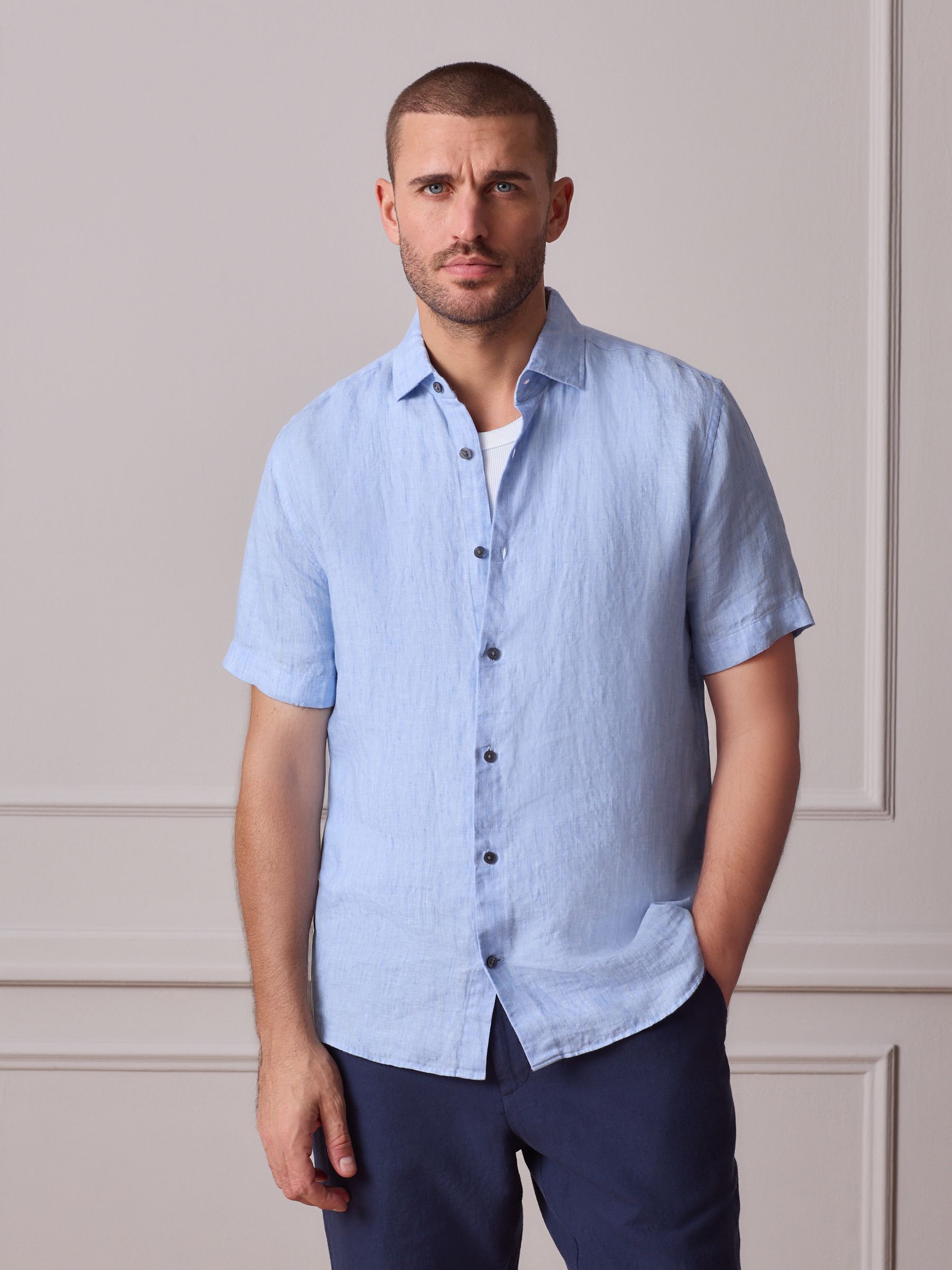Buy Blue Regular Fit Signature Twill Texture 100% Linen Short