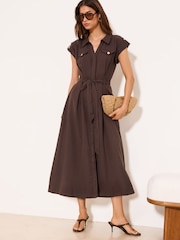 Lipsy Brown Linen Look Button Through Short Sleeve Midi Shirt Dress - Image 1 of 4