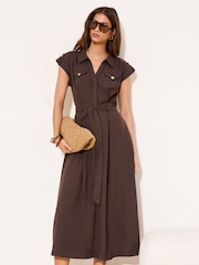 Lipsy Brown Linen Look Button Through Short Sleeve Midi Shirt Dress - Image 3 of 4