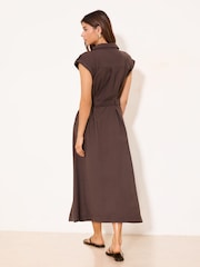 Lipsy Brown Linen Look Button Through Short Sleeve Midi Shirt Dress - Image 4 of 4