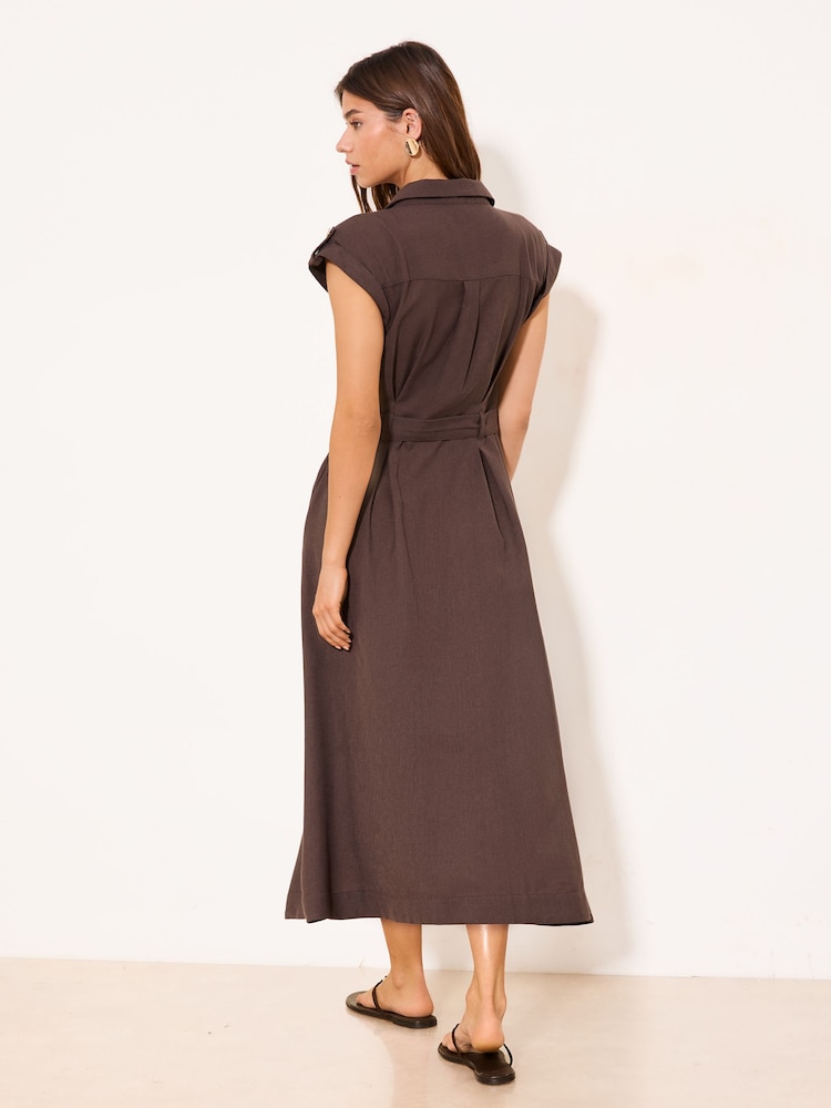 Lipsy Brown Linen Look Button Through Short Sleeve Midi Shirt Dress - Image 4 of 4