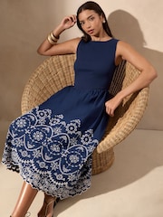 Lipsy Navy Sleeveless Broderie Hybrid Midi Dress - Image 1 of 4