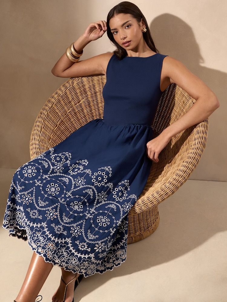 Lipsy Navy Sleeveless Broderie Hybrid Midi Dress - Image 1 of 4