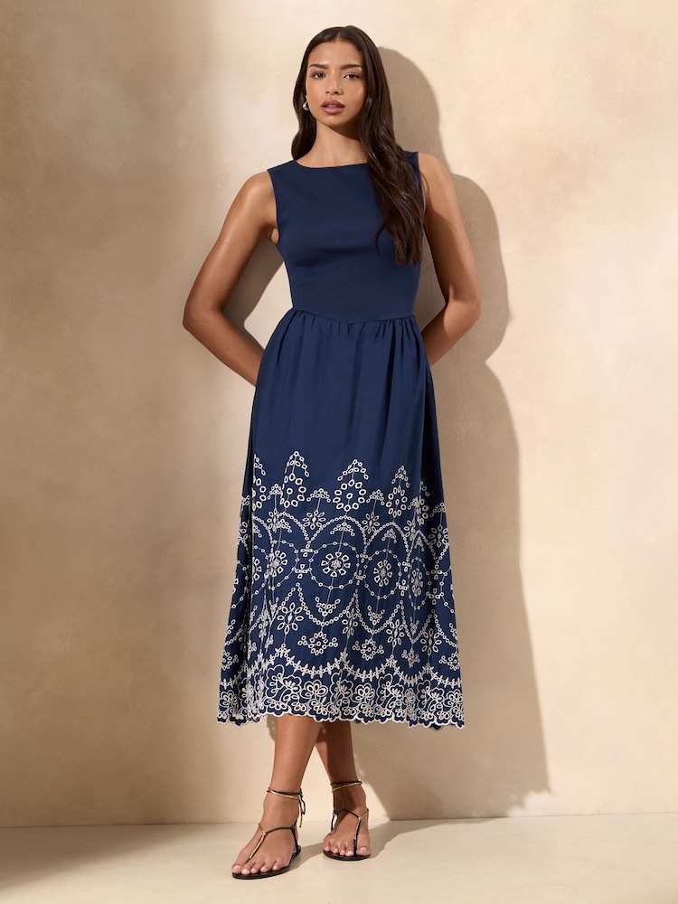 Lipsy Navy Sleeveless Broderie Hybrid Midi Dress - Image 2 of 4