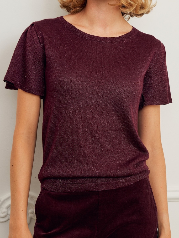 Aspiga Red Metallic Knit Angel Sleeve T-Shirt - Image 1 of 1 Aspiga Red Metallic Knit Angel Sleeve T-Shirt - Image 1 of 1