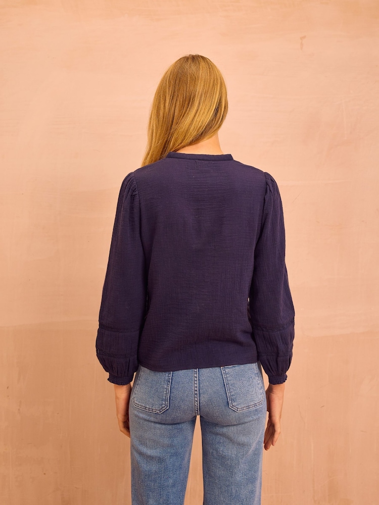 Aspiga Blue Chevron Lace Cotton Cheesecloth Shirt - Image 2 of 4 Aspiga Blue Chevron Lace Cotton Cheesecloth Shirt - Image 2 of 4