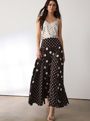 Chocolate Brown Spliced Spot Drop Waist Midi Skirt - Image 1 of 4