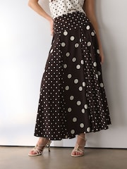 Chocolate Brown Spliced Spot Drop Waist Midi Skirt - Image 2 of 4