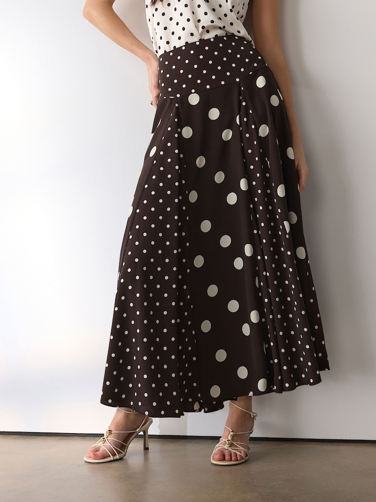 Chocolate Brown Spliced Spot Drop Waist Midi Skirt - Image 2 of 4