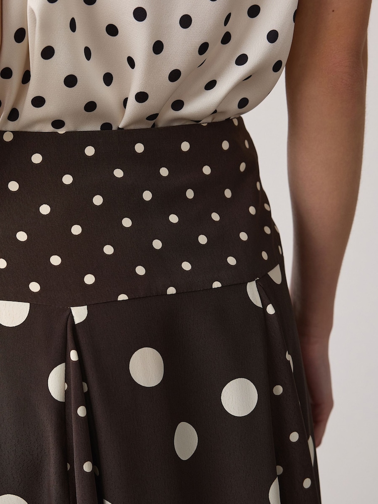 Chocolate Brown Spliced Spot Drop Waist Midi Skirt - Image 4 of 4