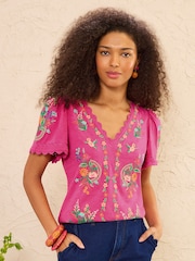 Love & Roses x RHS Pink Embroidered Floral Scallop T-Shirt - Image 1 of 5