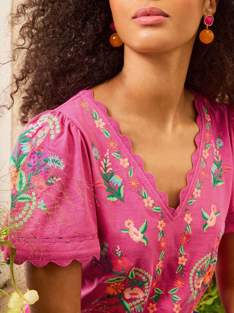 Love & Roses x RHS Pink Embroidered Floral Scallop T-Shirt - Image 2 of 5