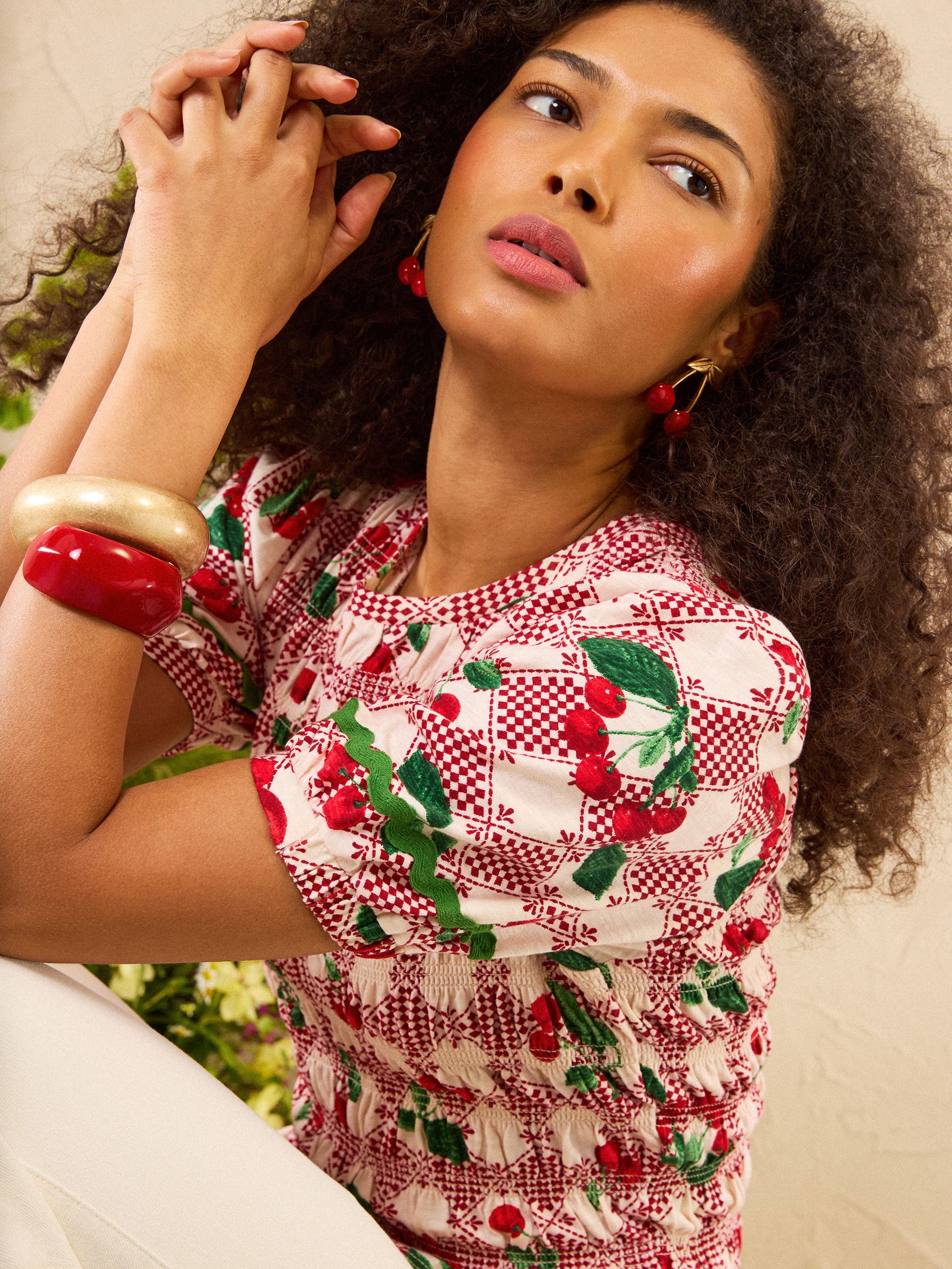 Buy Love & Roses Red Cherry Print Short Sleeve Shirred T-Shirt