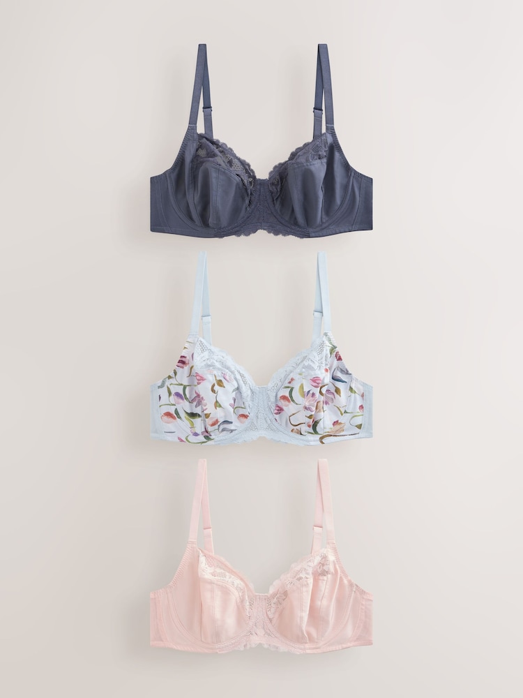 Blue Tulip/Navy/Pink DD+ Non Padded Full Cup Bras 3 Pack - Image 1 of 12