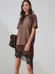 Maro Ciocolată - Asymetric Satin Mini Skirt with Lace Trim - Imaginea 1 din 7