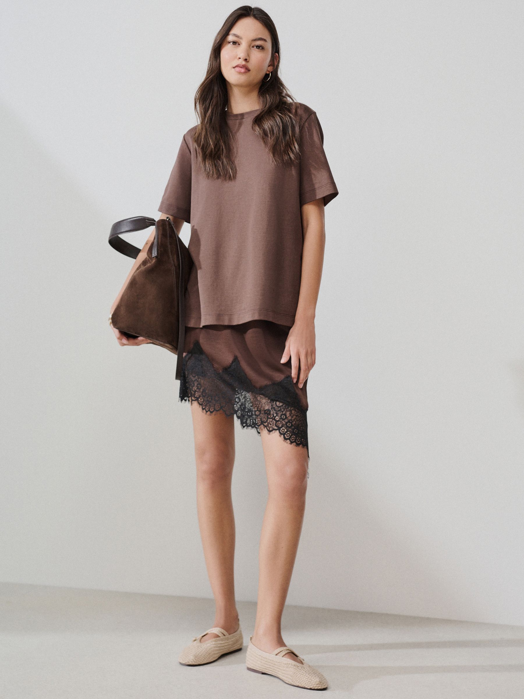 Buy Chocolate Brown Asymetric Satin Mini Skirt with Lace Trim from