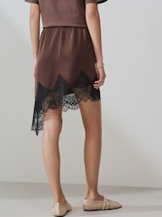 Maro Ciocolată - Asymetric Satin Mini Skirt with Lace Trim - Imaginea 3 din 7