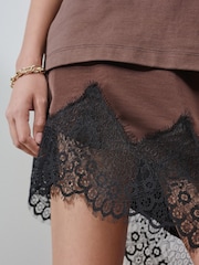 Maro Ciocolată - Asymetric Satin Mini Skirt with Lace Trim - Imaginea 4 din 7