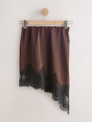 Maro Ciocolată - Asymetric Satin Mini Skirt with Lace Trim - Imaginea 5 din 7
