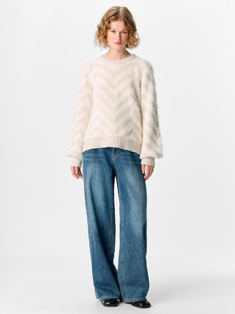 OBJECT White Sand Jacquard Stripe Fluffy Long Sleeve Jumper - Image 1 of 3 OBJECT White Sand Jacquard Stripe Fluffy Long Sleeve Jumper - Image 1 of 3