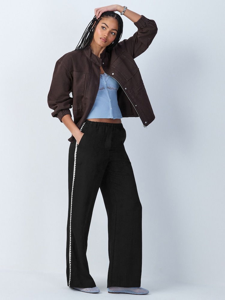 Black Embroidered Side Detail Wide Leg Trousers - Image 1 of 9