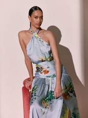 Blue Floral Print Kew Collection Botanical Satin Halter Top - Image 1 of 8