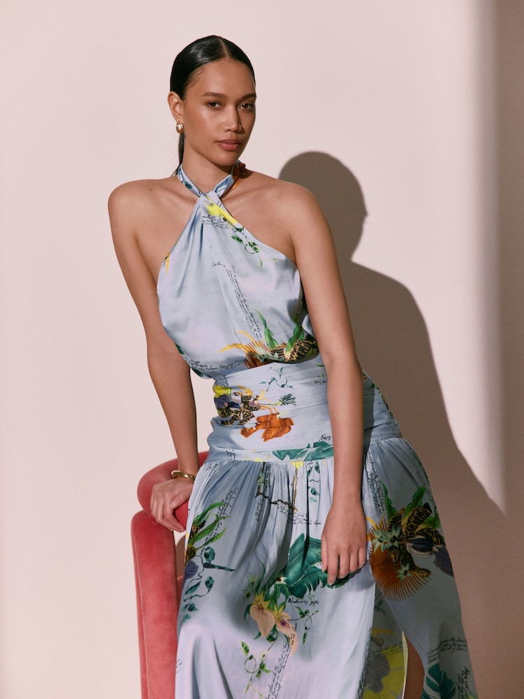 Blue Floral Print Kew Collection Botanical Satin Halter Top - Image 1 of 8