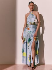 Blue Floral Print Kew Collection Botanical Satin Halter Top - Image 2 of 8