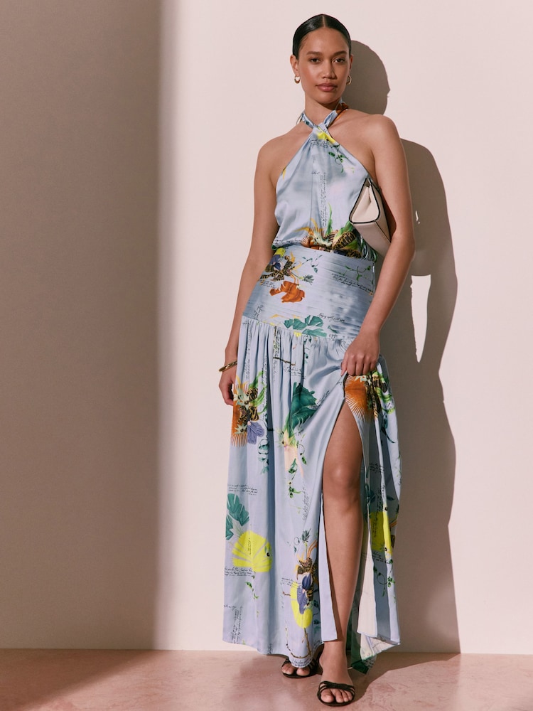 Blue Floral Print Kew Collection Botanical Satin Halter Top - Image 2 of 8