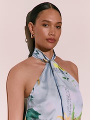 Blue Floral Print Kew Collection Botanical Satin Halter Top - Image 5 of 8