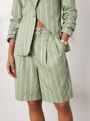 Green/Ecru Stripe N. Premium Bermuda Shorts with Linen - Image 4 of 8