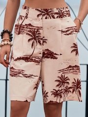 Ecru/Rust Brown Palm Print Bermuda Shorts With Linen - Image 2 of 6