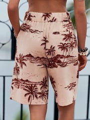 Ecru/Rust Brown Palm Print Bermuda Shorts With Linen - Image 3 of 6