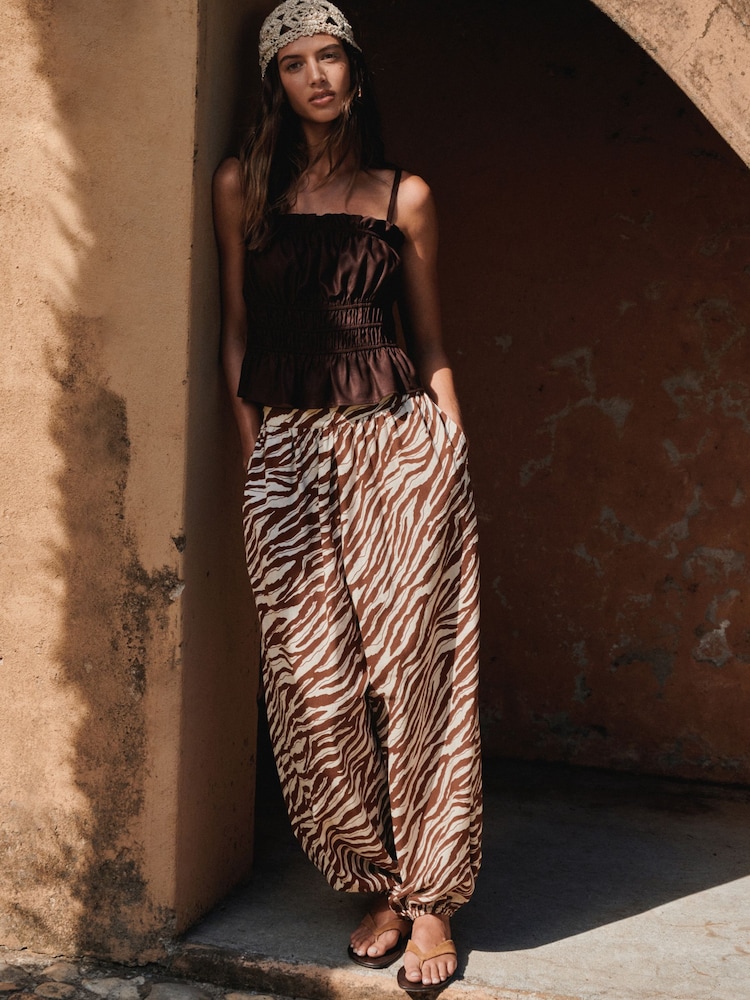 Brown/Neutral Zebra Balloon Trousers with Linen - Image 1 of 9