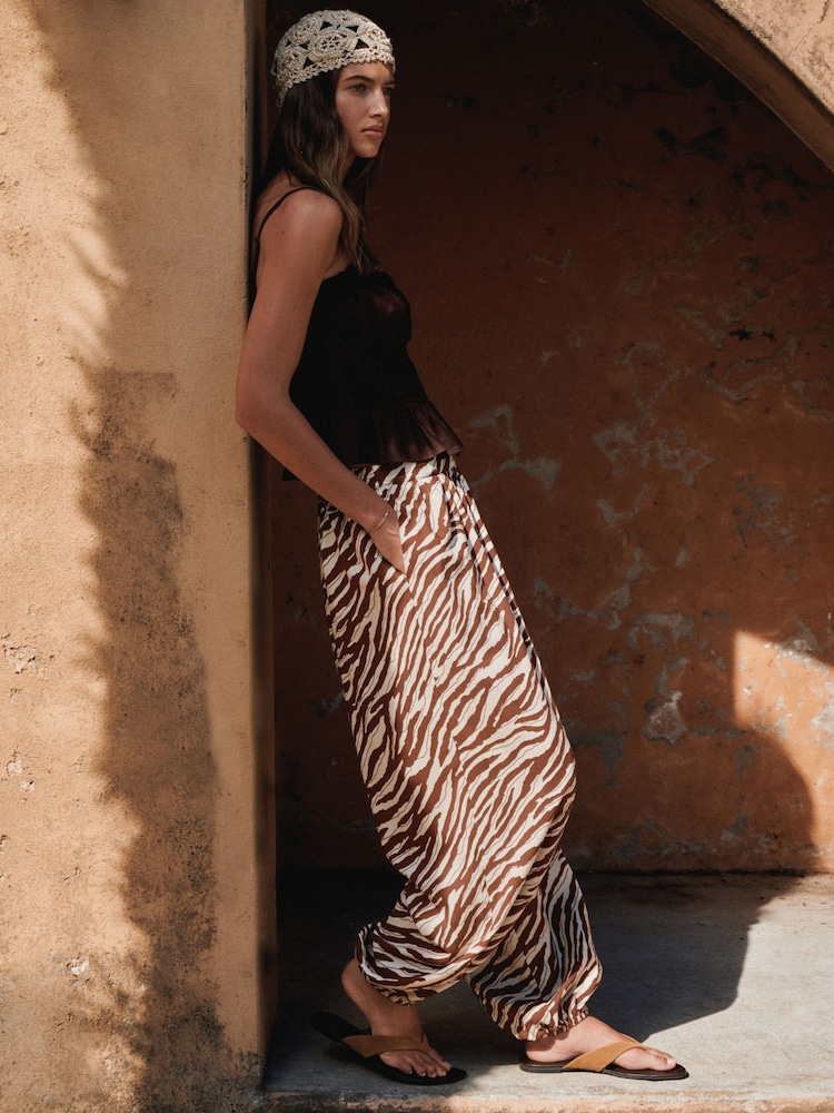 Brown/Neutral Zebra Balloon Trousers with Linen - Image 2 of 9