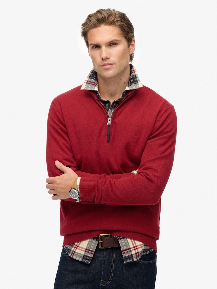 Superdry Red Essentials Cotton Half Zip Jumper - Image 1 of 6 Superdry Red Essentials Cotton Half Zip Jumper - Image 1 of 6