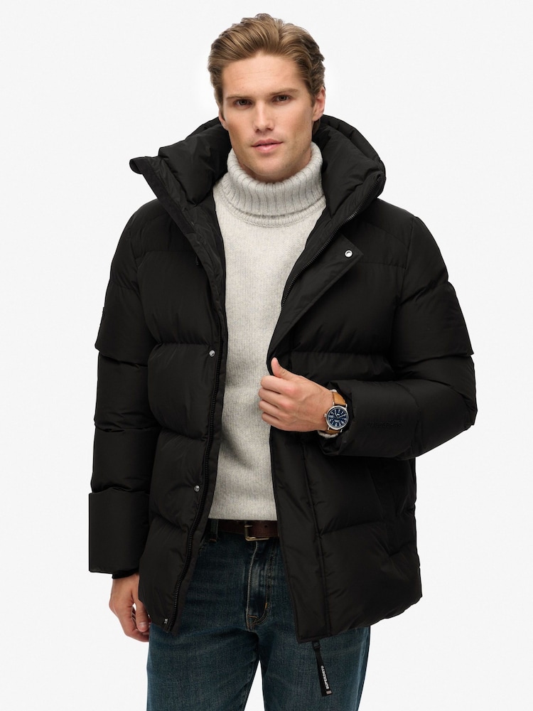 Superdry Black Hooded Five Baffle Sports Puffer Jacket - Image 1 of 9