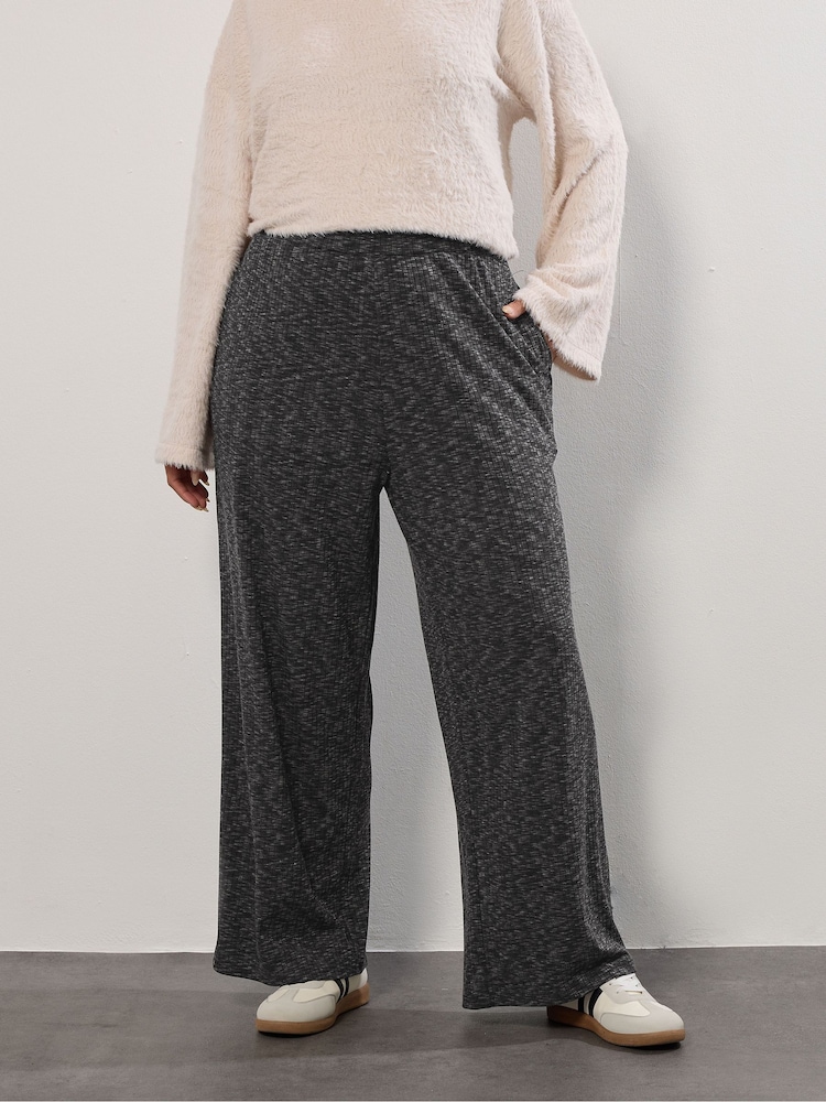 Yours Curve Grey Ribbed Wide Leg Joggers - Image 1 of 5