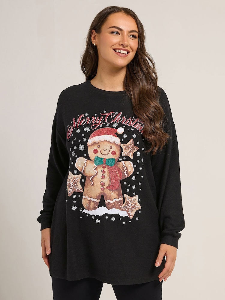 Yours Curve Black Gingerbread Man Novelty Jumper - Image 1 of 5