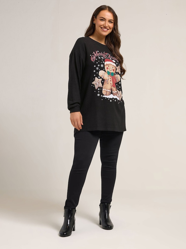 Yours Curve Black Gingerbread Man Novelty Jumper - Image 2 of 5